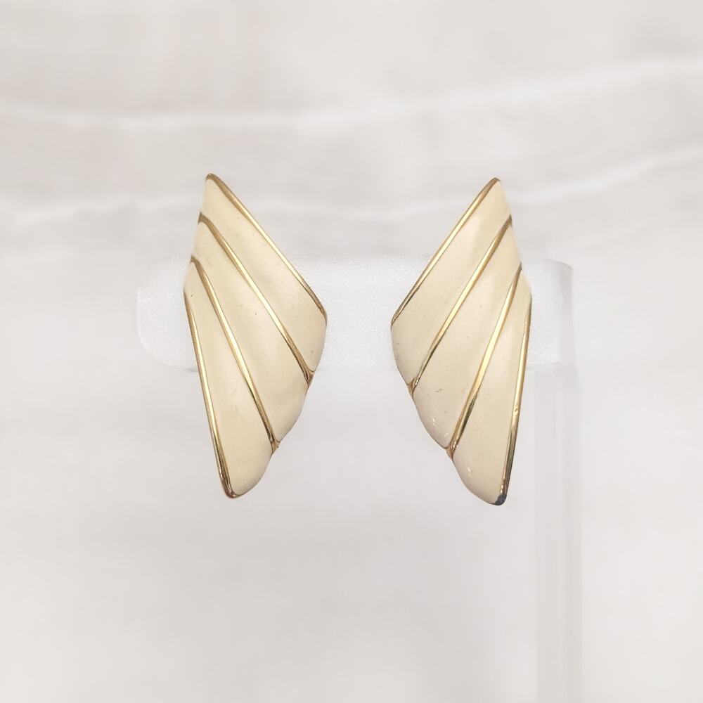 Vintage Monet Clip On Earrings Large Statement Gold Tone and Cream Enamel